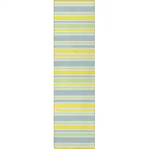 Photo of 8' Runner Blue and Yellow Striped Washable Non Skid Indoor Outdoor Runner Rug