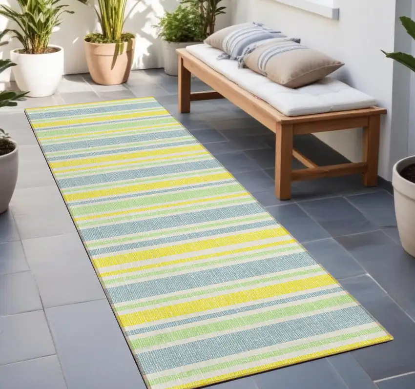 Blue and Yellow Striped Washable Indoor Outdoor Runner Rug Photo 1