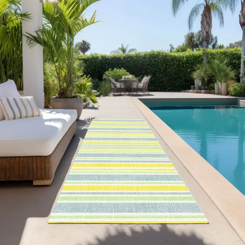 Blue and Yellow Striped Washable Indoor Outdoor Runner Rug Photo 6