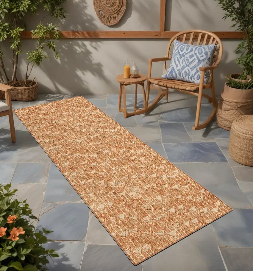 Bronze Geometric Washable Non Skid Indoor Outdoor Runner Rug Photo 1