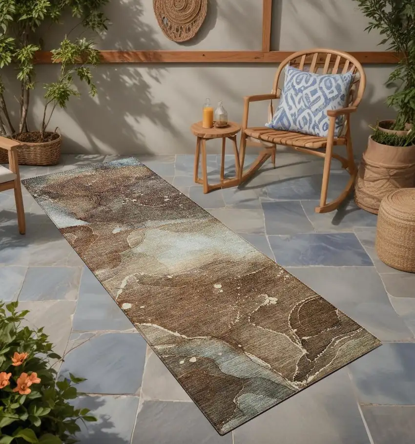 8' Runner Brown Abstract Washable Non Skid Indoor Outdoor Runner Rug Photo 1