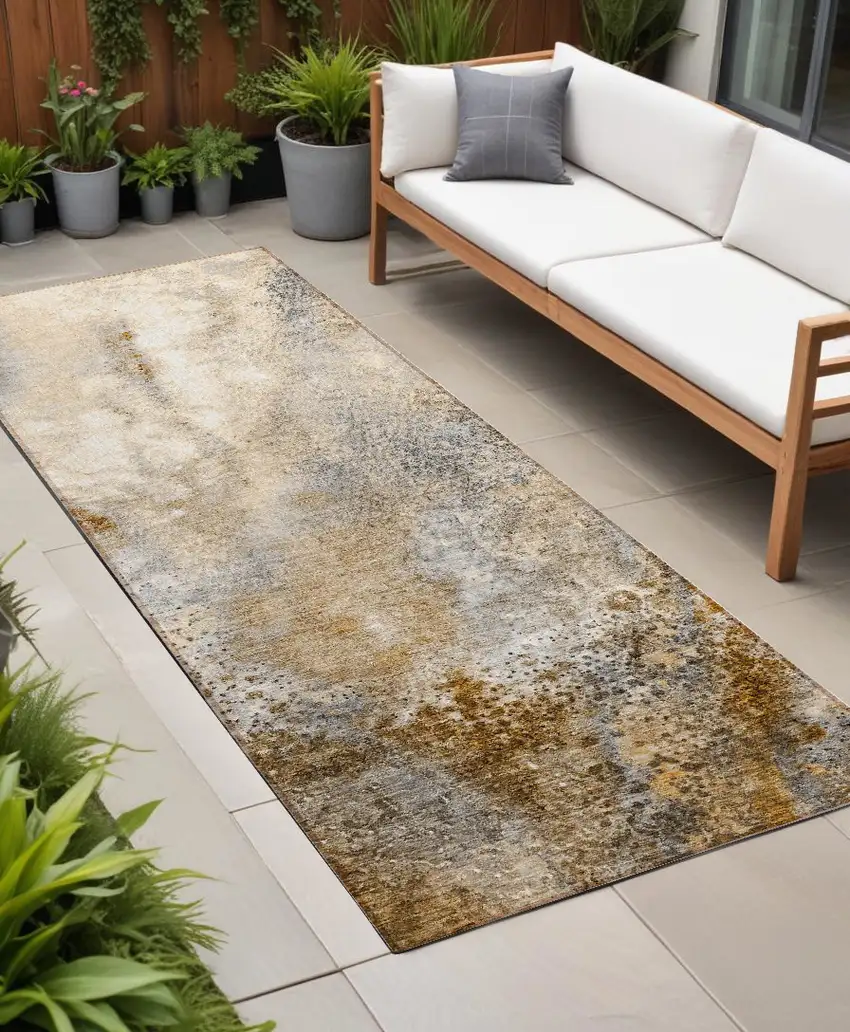 8' Runner Brown Abstract Washable Non Skid Indoor Outdoor Runner Rug Photo 1
