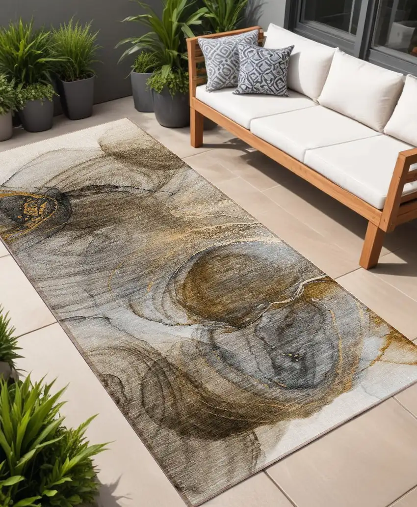 Brown Abstract Washable Non Skid Indoor Outdoor Runner Rug Photo 1