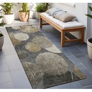 Photo of 8' Runner Brown Beige and Ivory Abstract Washable Non Skid Indoor Outdoor Runner Rug