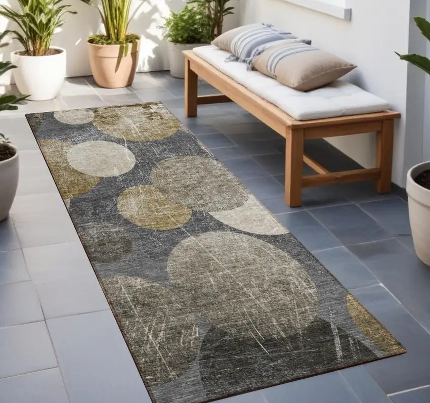 Brown Beige and Ivory Abstract Washable Non Skid Indoor Outdoor Runner Rug Photo 1