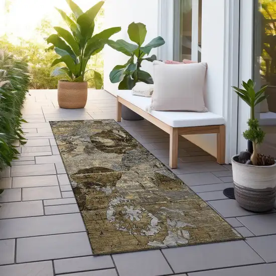 Brown Terracotta and Gray Abstract Washable Indoor Outdoor Runner Rug Photo 7