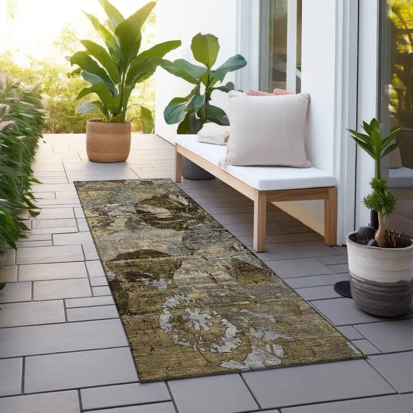 Brown Terracotta and Gray Abstract Washable Indoor Outdoor Runner Rug Photo 7