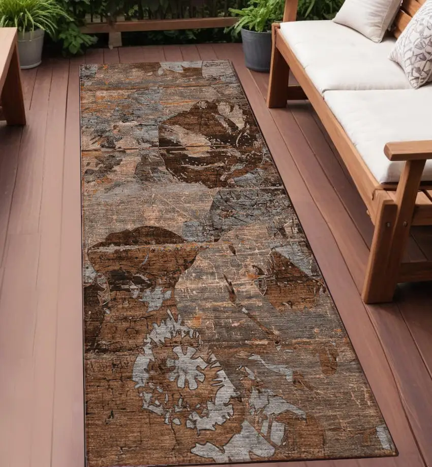 Brown Terracotta and Gray Abstract Washable Indoor Outdoor Runner Rug Photo 1