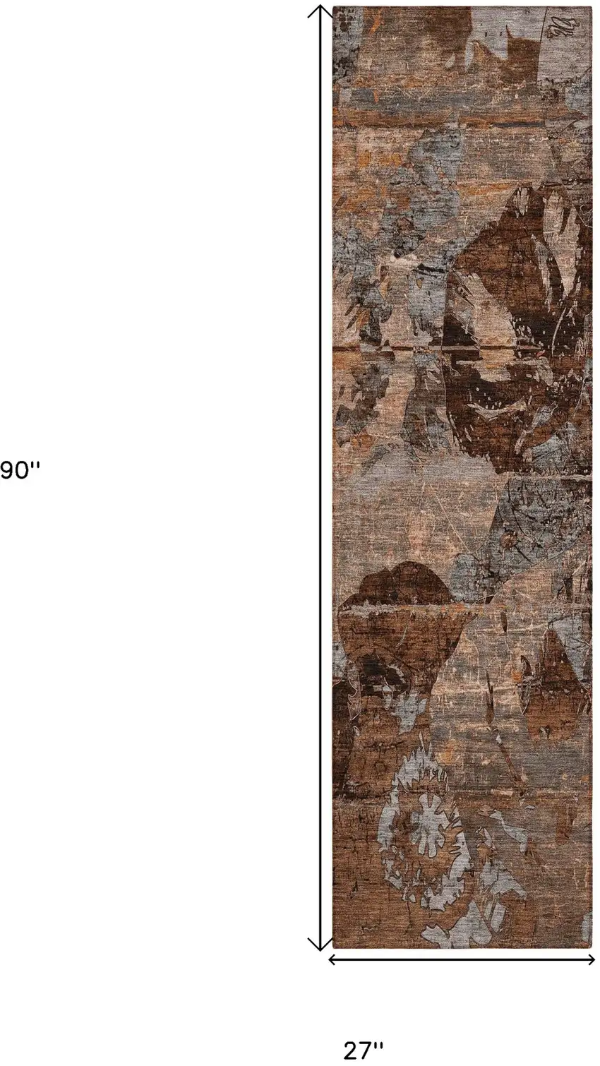 Brown Terracotta and Gray Abstract Washable Indoor Outdoor Runner Rug Photo 3