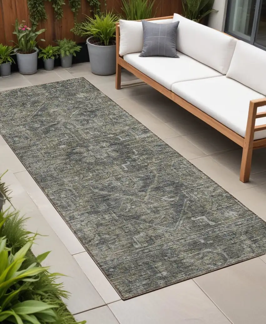 8' Runner Brown and Black Oriental Washable Non Skid Indoor Outdoor Runner Rug Photo 1