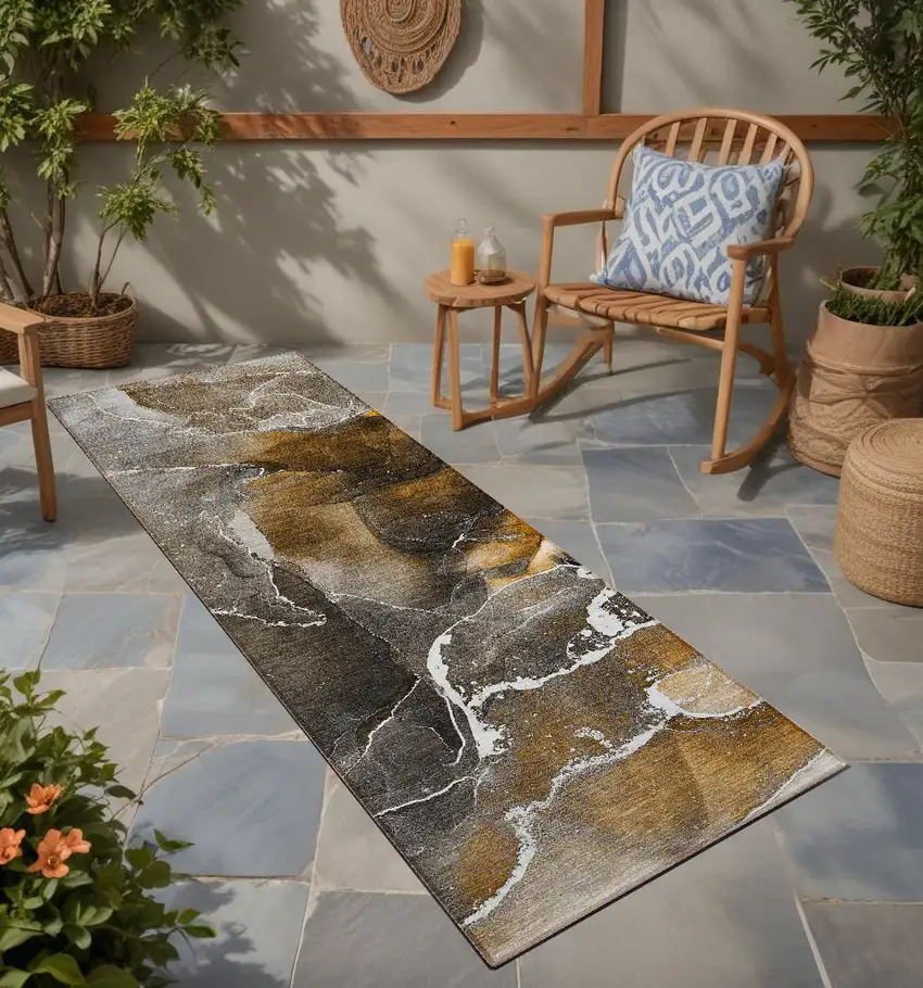 8' Runner Brown and Gray Abstract Washable Non Skid Indoor Outdoor Runner Rug Photo 1