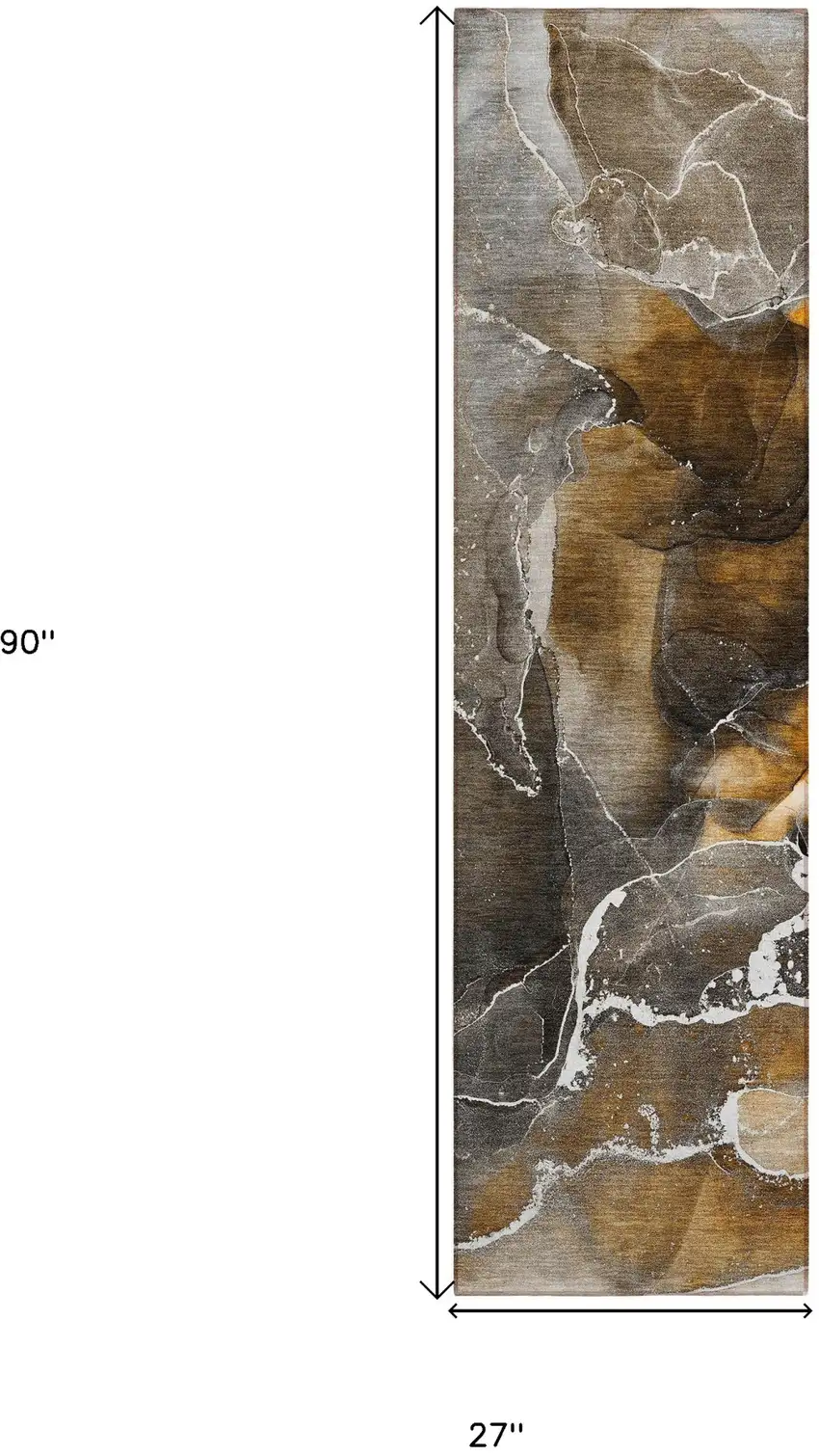Brown and Gray Abstract Washable Non Skid Indoor Outdoor Runner Rug Photo 3