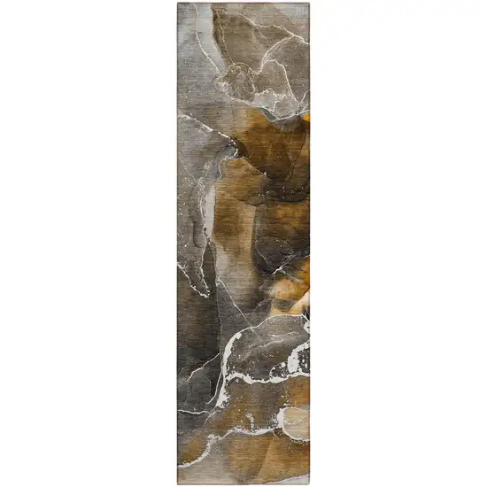 8' Runner Brown and Gray Abstract Washable Non Skid Indoor Outdoor Runner Rug Photo 2