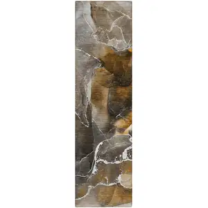 Photo of 8' Runner Brown and Gray Abstract Washable Non Skid Indoor Outdoor Runner Rug