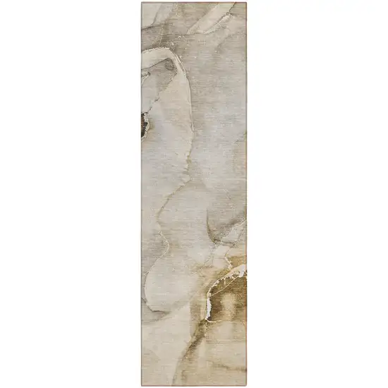 Beige and Brown Abstract Washable Indoor Outdoor Runner Rug Photo 2
