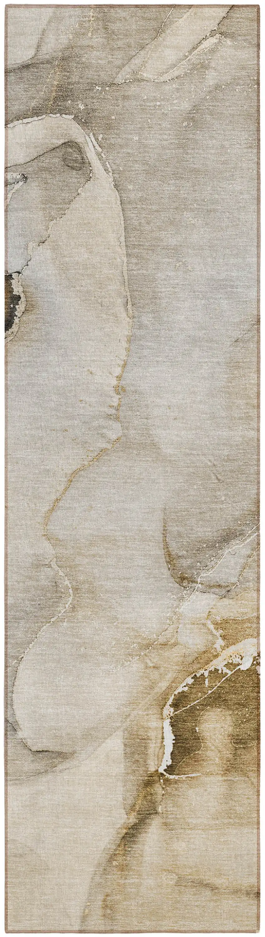 Beige and Brown Abstract Washable Indoor Outdoor Runner Rug Photo 2