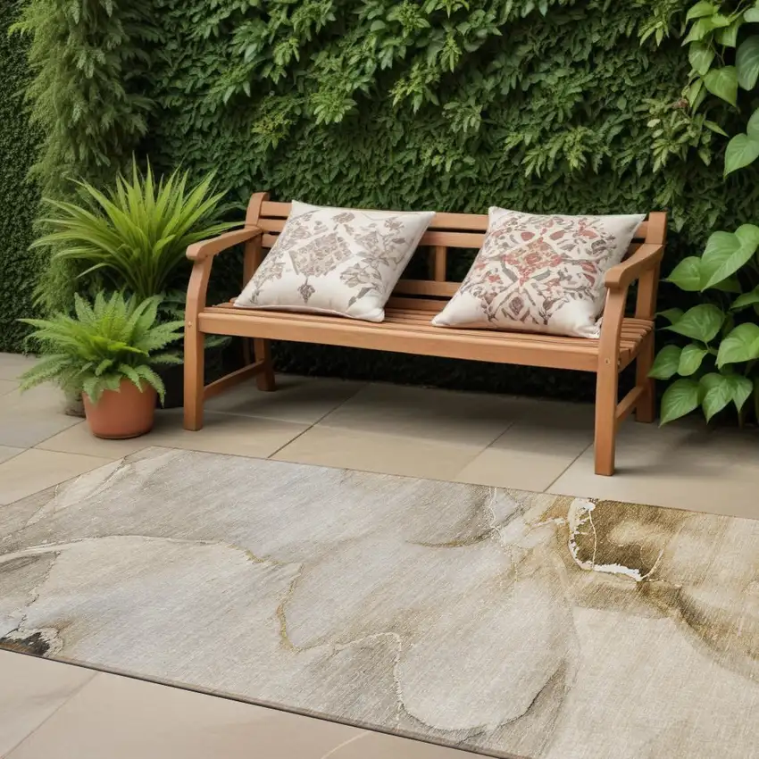 Beige and Brown Abstract Washable Indoor Outdoor Runner Rug Photo 1