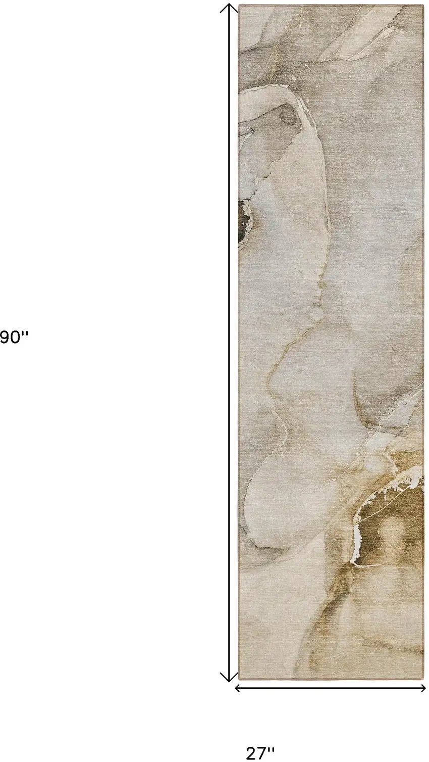 Beige and Brown Abstract Washable Indoor Outdoor Runner Rug Photo 3