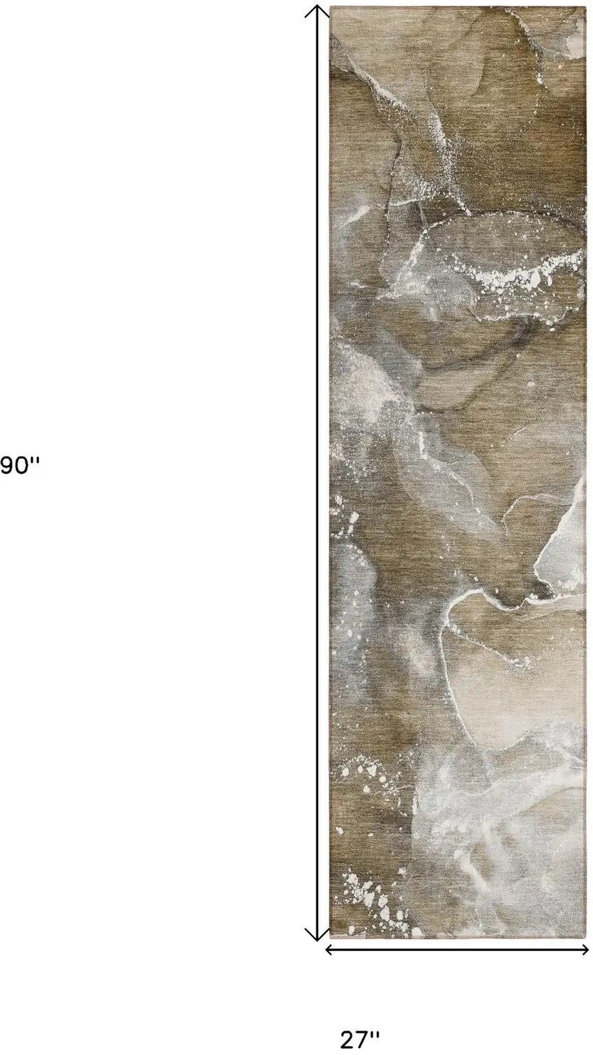 Brown and Gray Abstract Washable Non Skid Indoor Outdoor Runner Rug Photo 3
