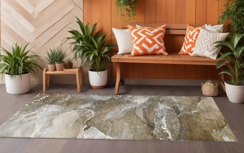 Brown and Gray Abstract Washable Non Skid Indoor Outdoor Runner Rug Photo 1