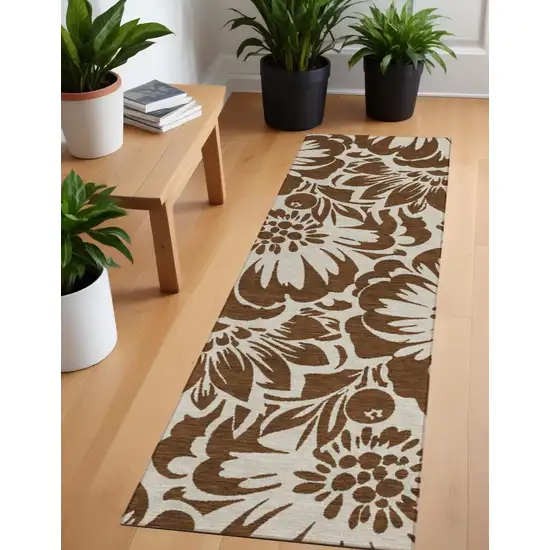 Brown and Ivory Floral Washable Non Skid Indoor Outdoor Runner Rug Photo 1