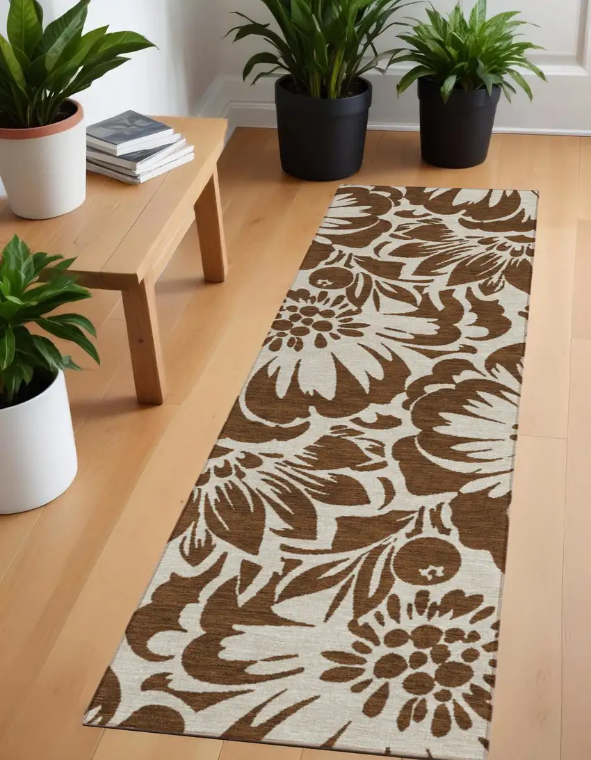 Brown and Ivory Floral Washable Non Skid Indoor Outdoor Runner Rug Photo 1