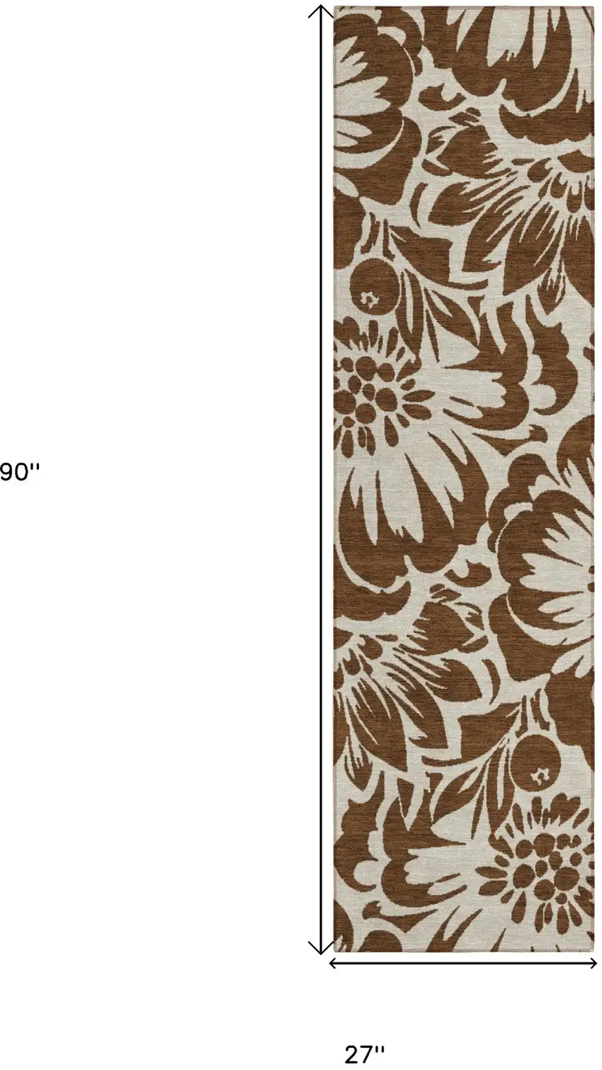 Brown and Ivory Floral Washable Non Skid Indoor Outdoor Runner Rug Photo 3
