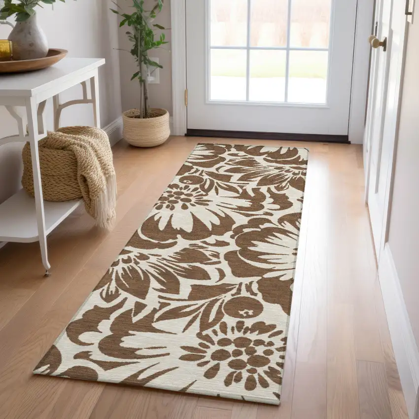 Brown and Ivory Floral Washable Non Skid Indoor Outdoor Runner Rug Photo 7
