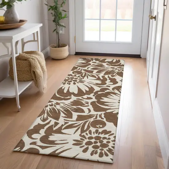 Brown and Ivory Floral Washable Non Skid Indoor Outdoor Runner Rug Photo 7