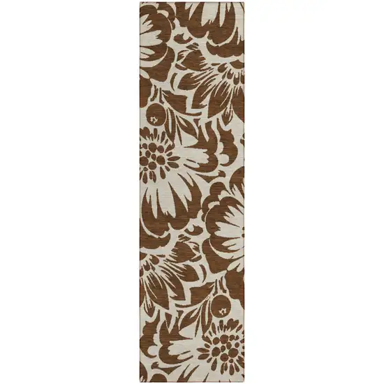 Brown and Ivory Floral Washable Non Skid Indoor Outdoor Runner Rug Photo 2