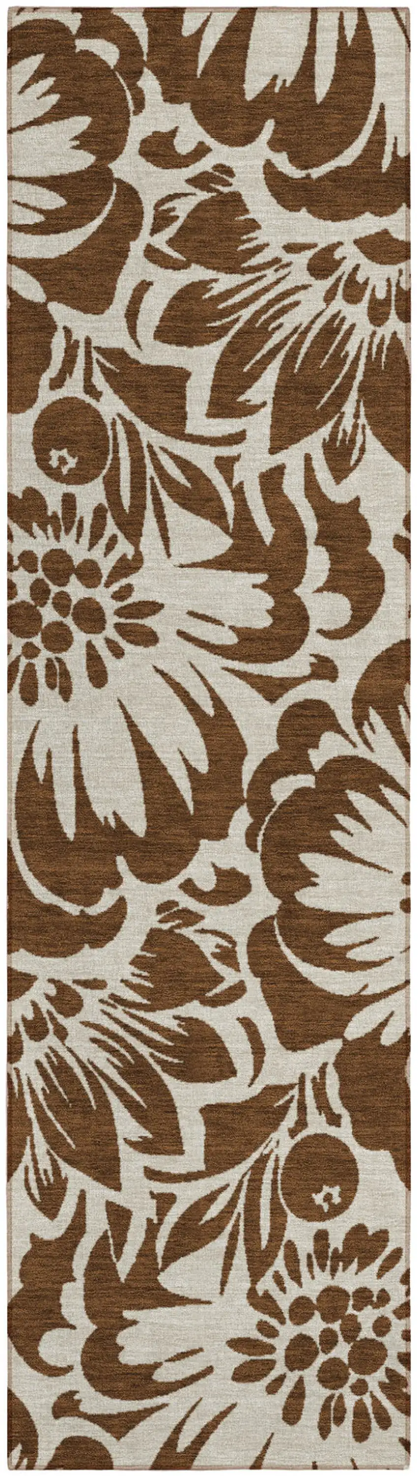 Brown and Ivory Floral Washable Non Skid Indoor Outdoor Runner Rug Photo 2