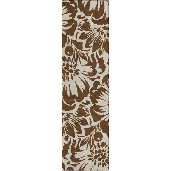 Brown and Ivory Floral Washable Non Skid Indoor Outdoor Runner Rug Photo 2