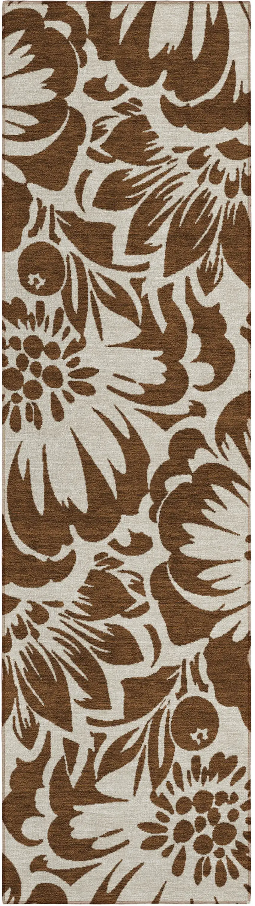 Brown and Ivory Floral Washable Non Skid Indoor Outdoor Runner Rug Photo 2