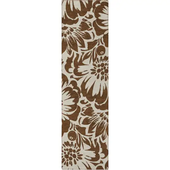 8' Runner Brown and Ivory Floral Washable Non Skid Indoor Outdoor Runner Rug Photo 3