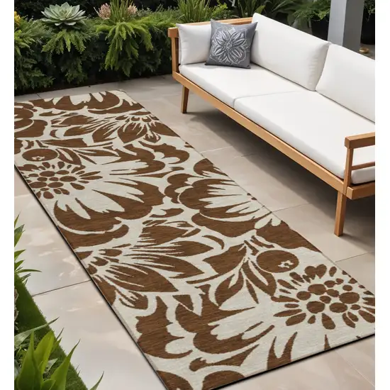 Brown and Ivory Floral Washable Non Skid Indoor Outdoor Runner Rug Photo 1