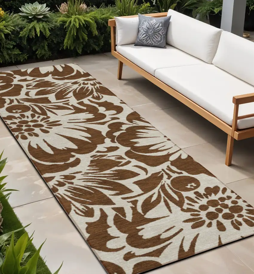 Brown and Ivory Floral Washable Non Skid Indoor Outdoor Runner Rug Photo 1
