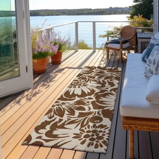 Brown and Ivory Floral Washable Non Skid Indoor Outdoor Runner Rug Photo 6