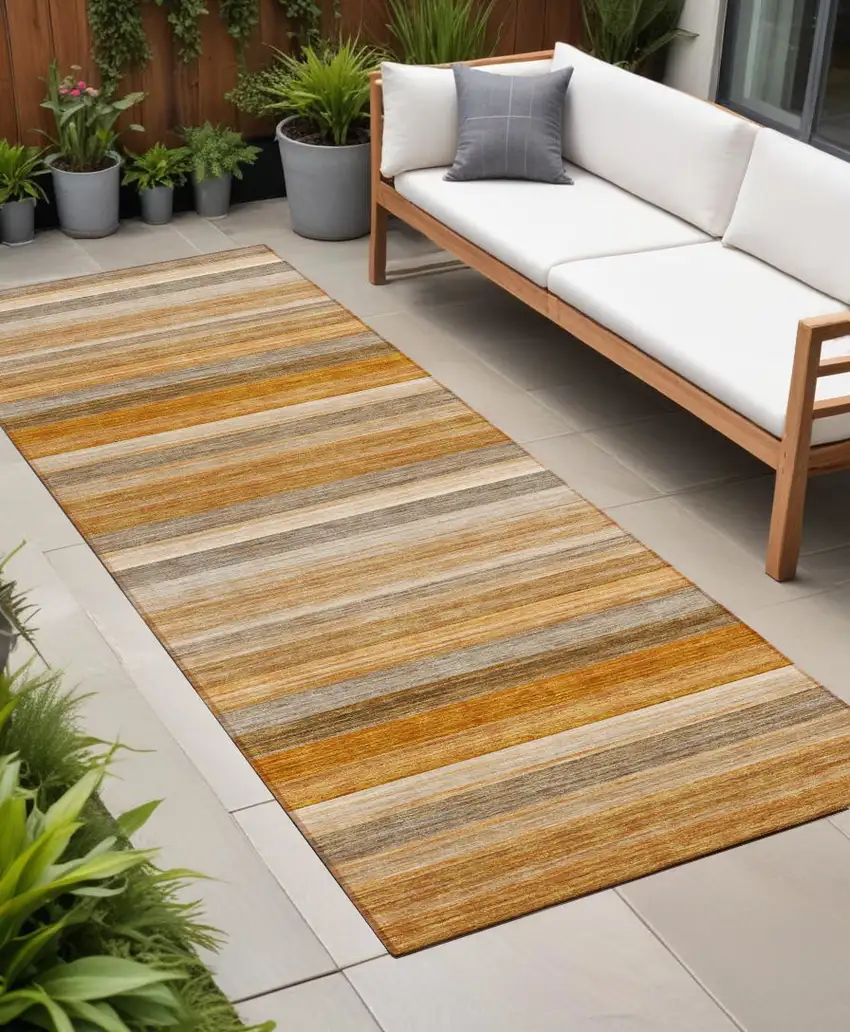 Brown and Orange Striped Washable Non Skid Indoor Outdoor Runner Rug Photo 1
