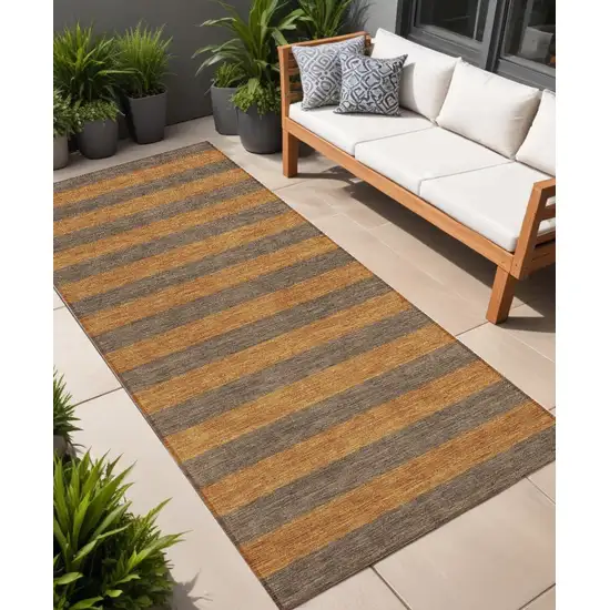 Brown and Tan Striped Washable Non Skid Indoor Outdoor Runner Rug Photo 1