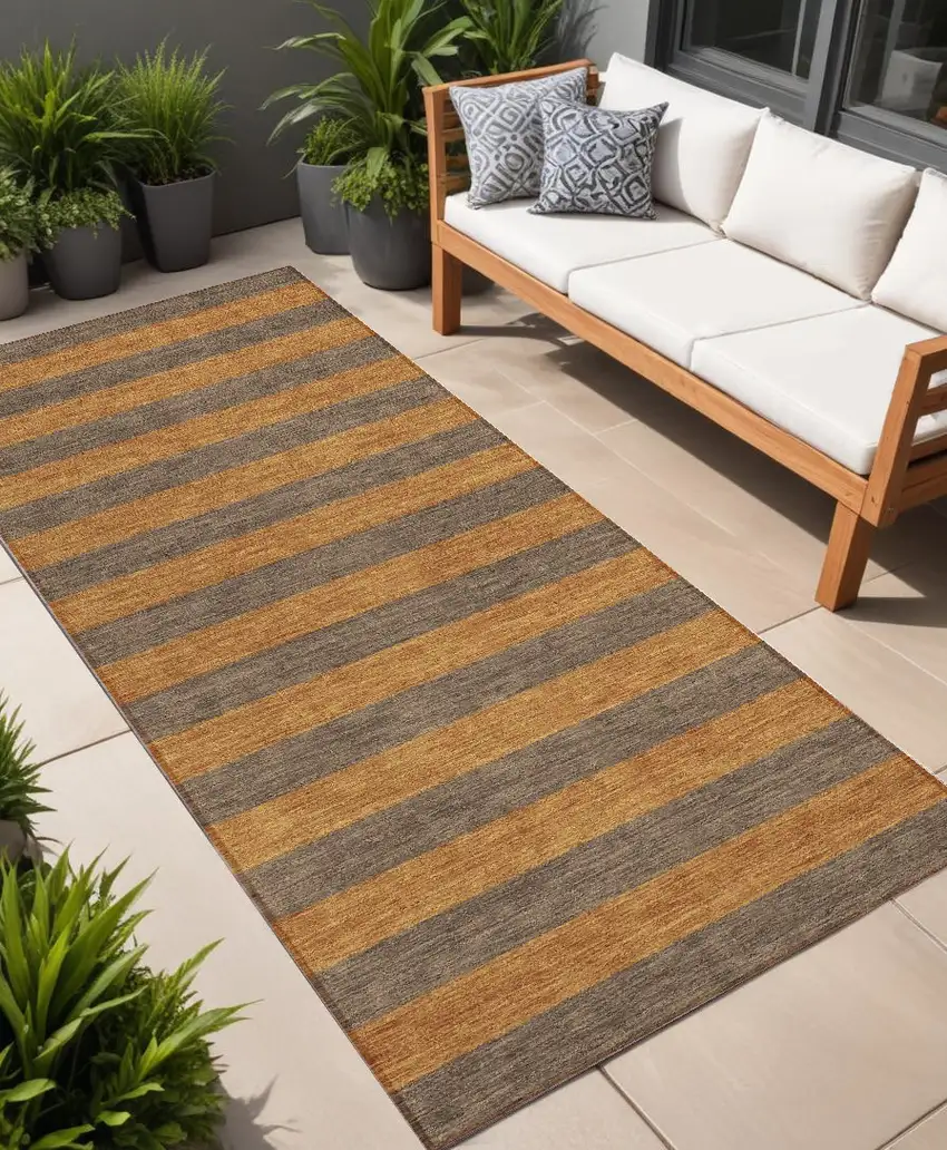 Brown and Tan Striped Washable Non Skid Indoor Outdoor Runner Rug Photo 1