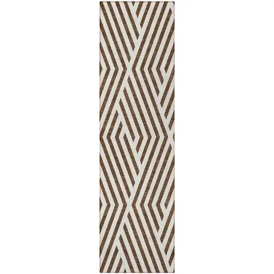 Brown and White Geometric Washable Non Skid Indoor Outdoor Runner Rug Photo 4