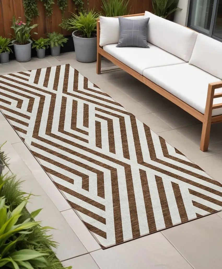 8' Runner Brown and White Geometric Washable Non Skid Indoor Outdoor Runner Rug Photo 1