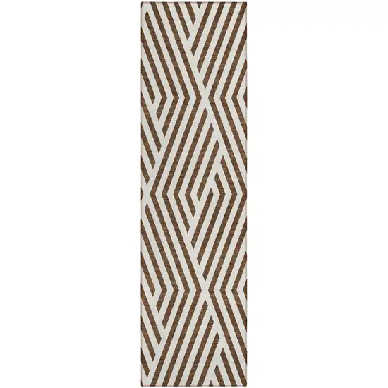 Brown and White Geometric Washable Non Skid Indoor Outdoor Runner Rug Photo 2