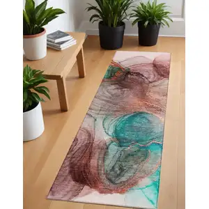 Photo of 8' Runner Burgundy Abstract Washable Non Skid Indoor Outdoor Runner Rug
