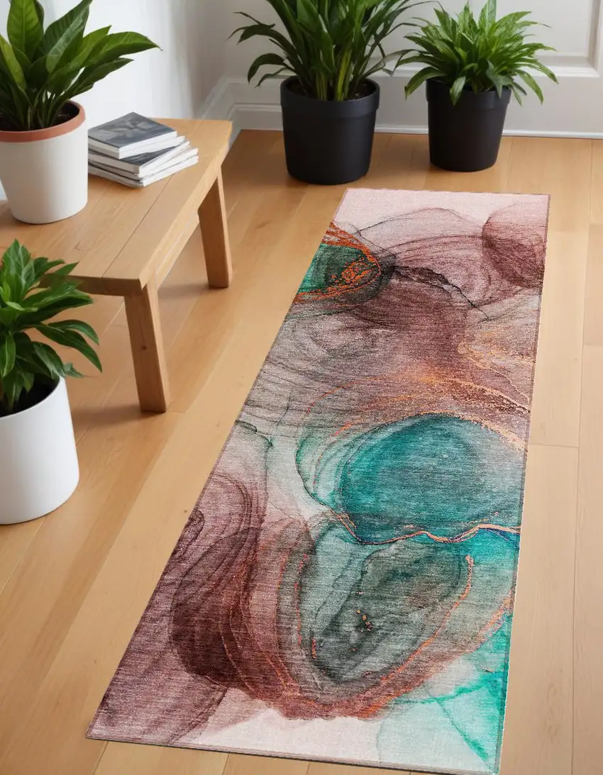 8' Runner Burgundy Abstract Washable Non Skid Indoor Outdoor Runner Rug Photo 1