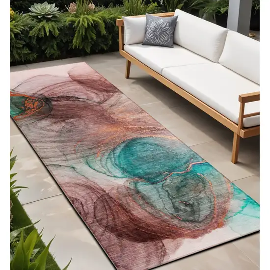 Burgundy Abstract Washable Non Skid Indoor Outdoor Runner Rug Photo 1