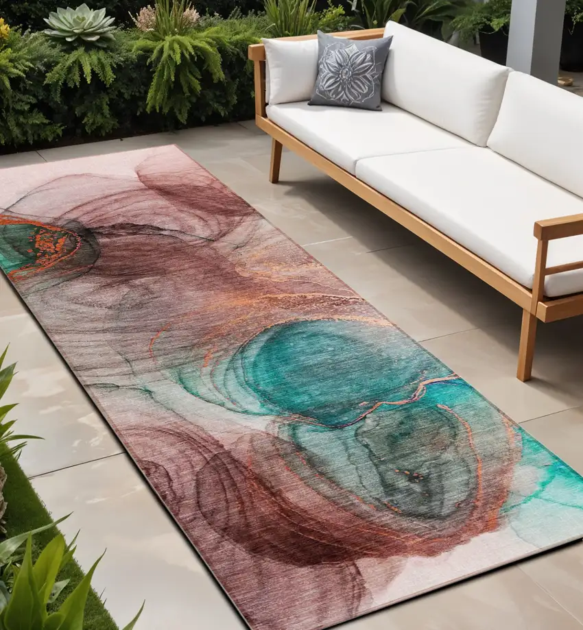 Burgundy Abstract Washable Non Skid Indoor Outdoor Runner Rug Photo 1