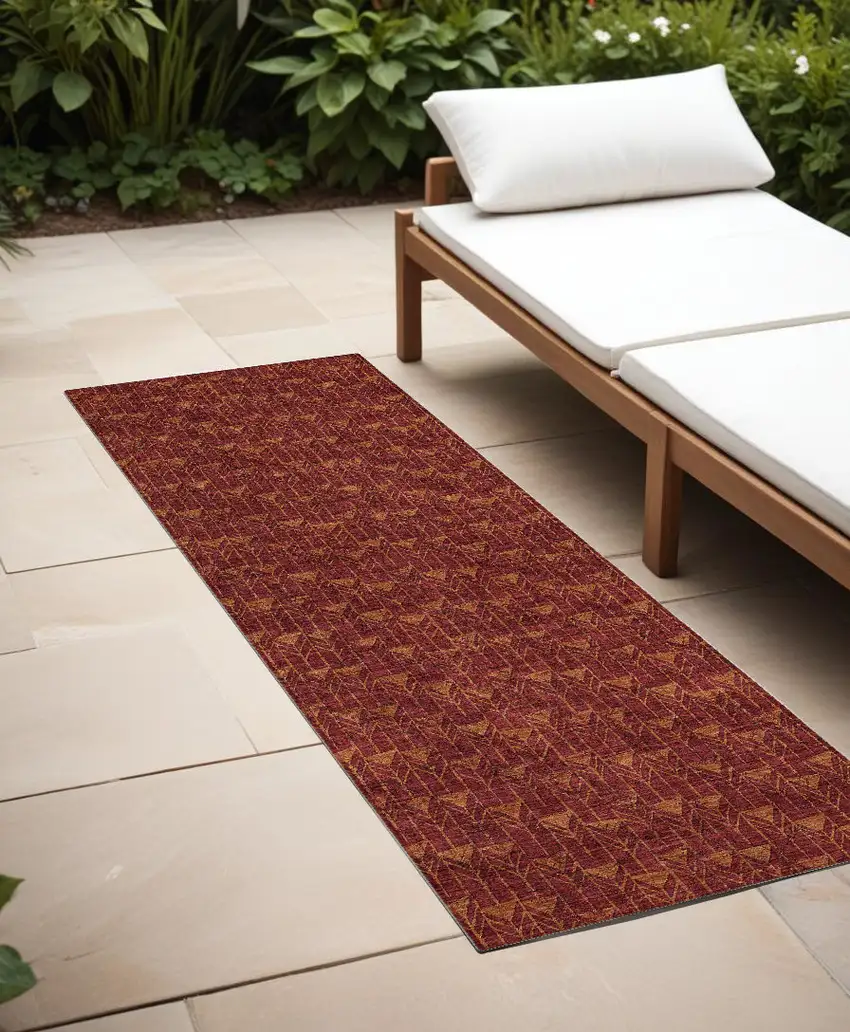 8' Runner Burgundy Geometric Washable Non Skid Indoor Outdoor Runner Rug Photo 1