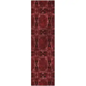 Photo of 8' Runner Burgundy and Black Floral Medallion Washable Non Skid Indoor Outdoor Runner Rug