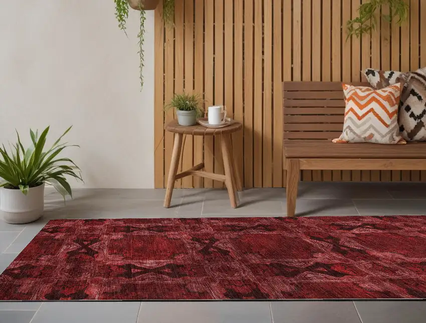 Burgundy and Black Floral Medallion Washable Non Skid Indoor Outdoor Runner Rug Photo 1